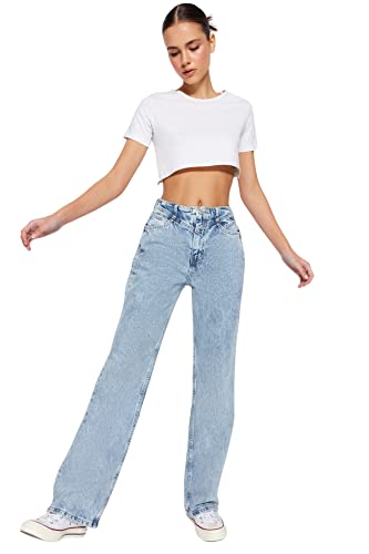 TRENDYOL Damen Taille Detaillierte Hohe 90er Jahre Breite Beinjeans Jeans, Blau, 34 EU