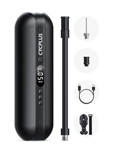 CYCPLUS Luftpumpe 150PSI Elektrischer Kompressor Tragbar Fahrradpumpe Mini Reifenpumpe mit Digital LED Anzeige LED Licht Wiederaufladbarer Li-ionen für alle Fahrräder Motorräder und Autos