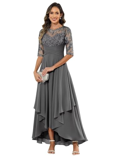 JIIL Brautmutterkleider Für Hochzeit,Damen Abendkleid Lang - Elegant Spitzen Brautmutterkleid Chiffon Formales Kleider Halbärmel Festliche Für Hochzeit Grau 42