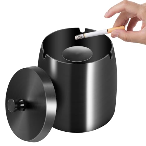 Litimkat Aschenbecher für den Außenbereich Mit Deckel - Edelstahl, Rutschfester Boden, Geeignet für Zuhause, Büro, Schreibtisch, Terrasse, Balkon im Freien (Black)