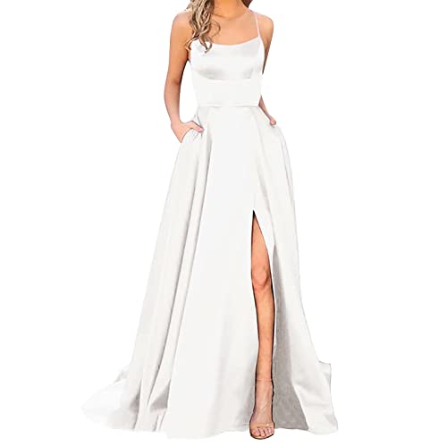 Damen Elegant Lange Abendkleider mit Taschen Satin A-Linie Backless Ballkleider Abschlusskleid Sexy Neckholder Brautjungfer Kleid