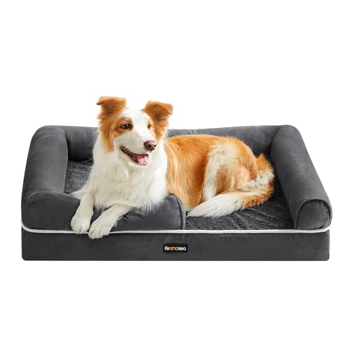 Feandrea Orthopädisches Hundebett, Hundekissen, Hundekorb, weiche Polsterung, Hundesofa, erhöhte Ränder, Bezug abnehmbar und waschbar, 91 x 68 x 18 cm, rutschfeste Unterseite, dunkelgrau PGW076G01V1