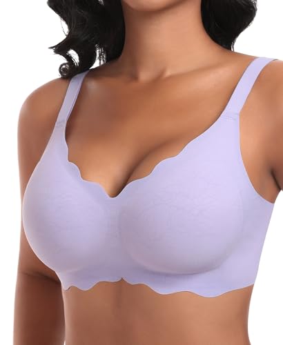 Ganado Damen Nahtloser BH Ohne Bügel Tiefem V-Ausschnitt gewellte Ränder Push Up BH Bralette Soft Bequem BHS Bügellos Bustier (Violett-Doppel Vorderwelle, XL)