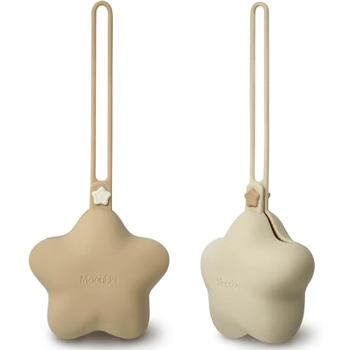 Moonkie Schnullerbox Silikon, 2 Pack Box Dummy, Schnullerbox für Unterwegs Sterndesign, Dummy Boxen BPA-frei, Schnuller-aufbewahrung, Sicheres Baby Zubehör(Hellkaffee/Sandgelb)