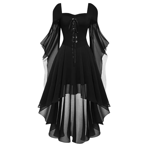 Beichwtd Halloween Kostüm Damen Gothic Kleid Kurz|Mittelalter Gebundene Taille Hexenkostüm|Vampir Renaissance Trompetenärmel Korsett|Erwachsene Karneval Steampunk Barock|Schwarz Plus Size, Schwarz L