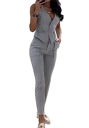 Minetom Hosenanzug Damen Zweiteiliger Anzug Set Elegant V-Ausschnitt Ärmellos Blazer Weste und Hose 2 Stück Casual Outfit Sets B Grau M