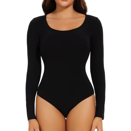 Joyshaper Damen Langarm Body U-Ausschnitt Bodysuit Top Stringbody Basic Unterziehbody Longsleeve Shirt für Frauen Schwarz S