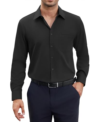 siliteelon Hemd Herren Langarm Schwarz Bügelfrei Stretch Herren Hemden Schwarze Matt Anzug Business Hemd für Männer Einfarbig Regular Fit Freizeithem Beerdigung Begrabnis Trauerfeier Büro Arbeit