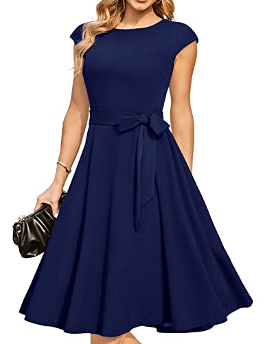 DRESSTELLS Cocktailkleid Damen Blau Elegant 1950er Knielang Rockabilly Hochzeitkleid Abendkleid Kurz Vintage Swing Festlich Midilang Sommer Kleid Navy M