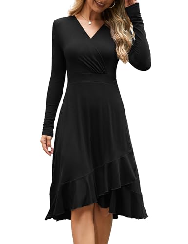 Beluring Wickelkleid Damen Elegant Langarm Tunika Kleid Sexy V-Ausschnitt Rüschensaum Kleider Schwarz XXL