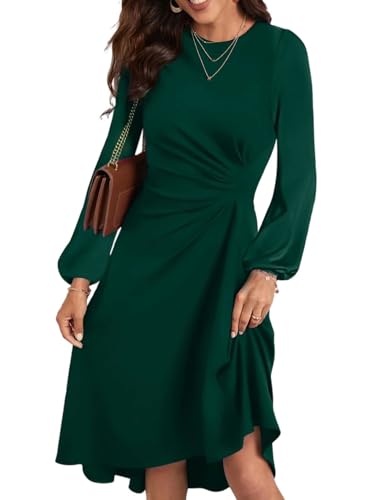 HUXRAKV Damen Elegante Cocktailkleider Langarm Einfarbiges A-Linie Kleid mit Taillenfalten Abendkleider Partykleider Businesskleider,42-Dunkelgrün,XL