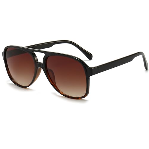 Long Keeper Vintage Pilotenbrille Sonnenbrille Polarisiert für Herren Damen Klassische Retro 70er Sonnenbrille Pilotenbrille Groß mit UV400 Schutz (Schwarz Leopard Rahmen – Farbverlauf Braun Gläser)