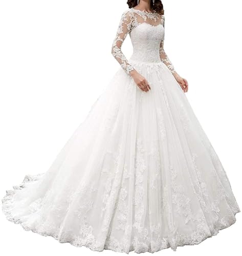HUINI Brautkleid Langarm Hochzeitskleid A-Linie Prinzessin Spitze Tüll Strand Brautmode Kleid 2025 Weiß 54