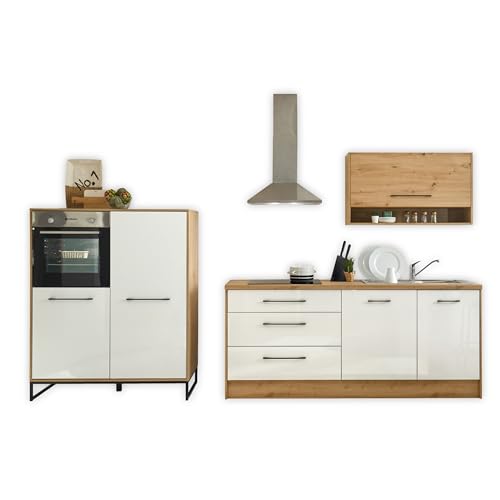 SEATTLE Moderne Küchenzeile ohne Elektrogeräte in Artisan Eiche Optik, Weiß Hochglanz - Moderne Einbauküche mit viel Stauraum - 327 x 150 x 60 cm (B/H/T)