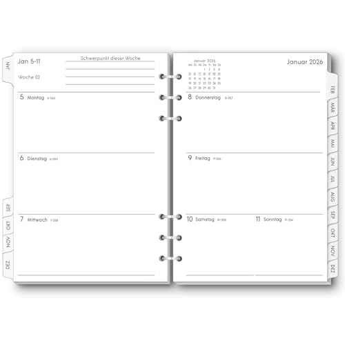 SKYDUE Kalendereinlage A5, Wochenplaner Einlagen 2026, Von Dezember 2025 Bis Dezember 2026, Kalender Einlagen 2026 1 Woche 2 Mit Tabs, Kalendereinlagen Für Kalender Ringbuch a5