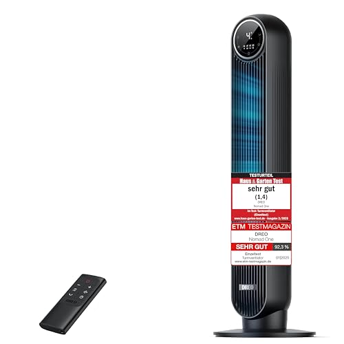 Dreo 20dB Leiser Turmventilator, 10 m Wurfweite 4 Geschwindigstufen 4 Modi 8 Std. Timer 90° oszillierende Ventilator mit Kühlung Fernbedienung für Schlafzimmer, Nomad One, Schwarz