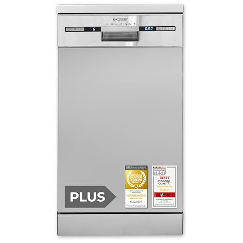 Exquisit PLUS Geschirrspüler | 9 Maßgedecke, Energieeffizienzklasse E, 49 dB(A) | schmal, kompakt, 7 Programme, Eco, Intensiv, Kurz, Extra-Trocknung, Startzeitverzögerung | GSP59309-030E silber
