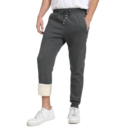 JustSun Jogginghose Herren Baumwolle Winter Fleece Gefüttert Trainingshose Männer Warme Thermo Hose Herren Sporthose Fleecehose Lang Sherpa Freizeithose Winterhose mit Taschen Dunkelgrau L