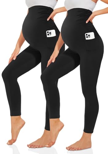 TNNZEET Umstandsleggings Damen Umstandsmode Blickdicht Schwangerschaft Leggings Umstandshose Lang mit Taschen für Yoga(Schwarz*2,L)