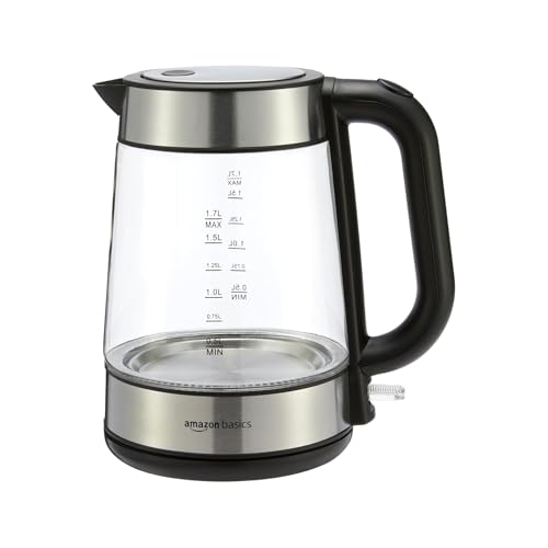 Amazon Basics Elektrischer Wasserkocher aus Glas, 1,7 l, 2200 W, Schwarz, Silber