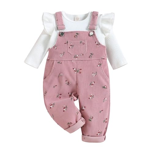 UUAISSO Baby Mädchen Kleidung Rippstrick Langärmelig Oberteile Blumenmuster Hosenträgerhose mit Tasche Outfits Sets rosa 3–6 Monate