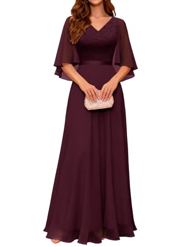 DRESSTELLS Festliche Abendkleider Damen Hochzeit Große Größen Maxi Ballkleid Brautkleid Standesamt Chiffon Cape Ärmel Cocktailkleid Elegant Lang Festliches Partykleid Burgundy 2XL