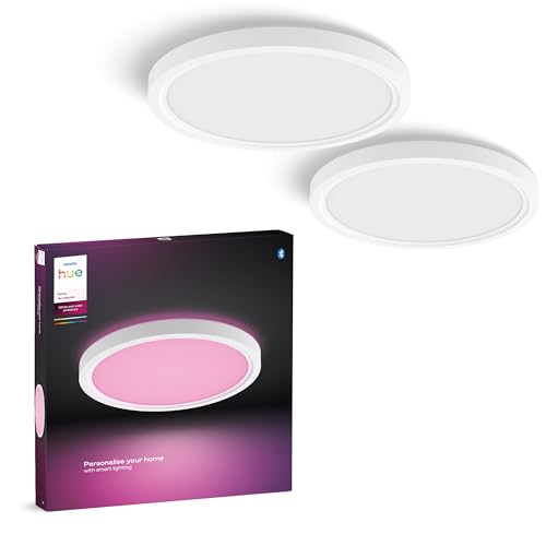 Philips Hue Devote Smart LED-Panel-Licht, weißes und farbiges Ambiente, rund 30cm, 16,6W, 2000 Lumen, weißer Rahmen für Innenbeleuchtung, Decke, Wohnzimmer, Küche, Flur, 2er Pack
