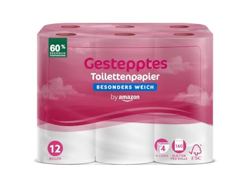 by Amazon Toilettenpapier, 4-lagig Gestepptes, Besonders Weich, 12 Rollen, 1-er Pack, 160 Blätter pro Rolle, FSC-Zertifiziert