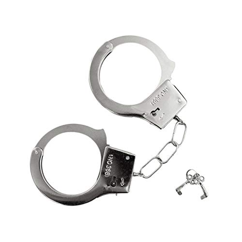 Oblique Unique® Spielzeug Handschellen Metall – Handcuffs mit 2 Schlüsseln & Sticker – Zubehör-Set zu Fasching für Kostüm Sträfling, Verbrecher & Motto-Party – Karneval, Halloween, Swat, Silber, 9 cm