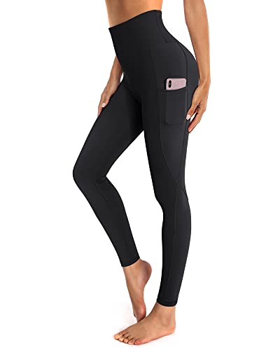 OUGES Damen Sport Leggings High Waist Leggins Yogahose Blickdichte Sporthose mit Taschen (Schwarz,L)