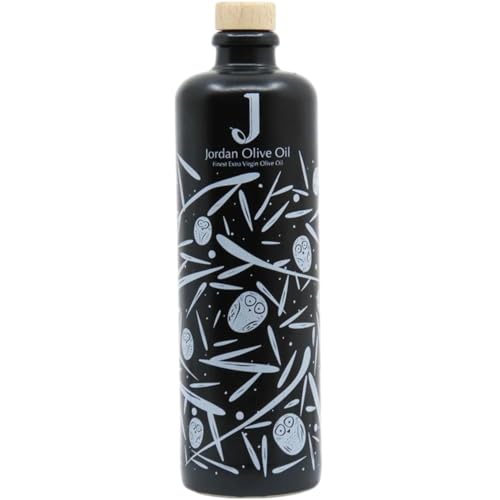 Jordan Olivenöl Keramik Ölflasche 500 ml – matt schwarz mit weißen Symbolen, Holzdeckel mit Ausgiessfunktion, Steinzeug, lichtgeschützt, nachfüllbar, für Küche, 6,5×6,5×29 cm, hergestellt in DE