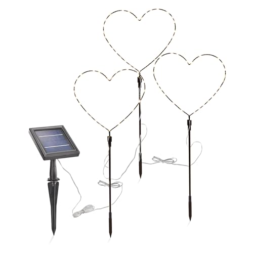 esotec Solar Weihnachtsdeko Herz Trio, 3er Set, LED Gartenstecker, Lichterkette, LiFePo4 Akku, Solarstecker, Stecklicht, Solarlichter, Garten, Balkon, Kunststoff, IP44, H=73cm, winterfest, 102583