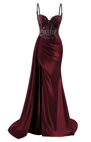 HPPEE Damen Spaghettiträger Satin Ballkleider mit Schlitz Spitze Applique Meerjungfrau formelle Partykleid, burgunderfarben, 32