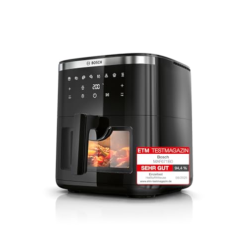 Bosch Heißluftfritteuse Serie 6, XXL 7,2 L Fassungsvermögen, 7 voreingestellte Programme, beleuchtetes Sichtfenster, bis zu 65% schnelleres Kochen, AirFryer in Schwarz, MAF671B0