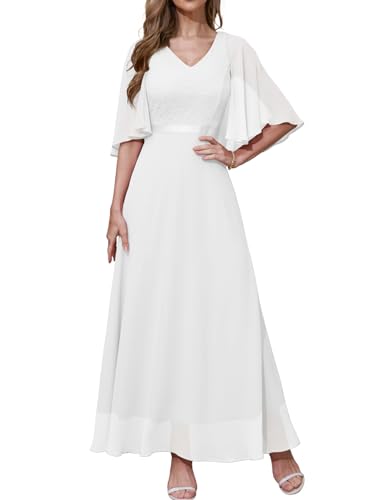 DRESSTELLS Abendkleid Damen Hochzeit Festlich Chiffon Spitzenkleid Cape Ärmel Brautkleid Weiß Bodenlang V-Ausschnitt Elegantes Lang Partykleid White M