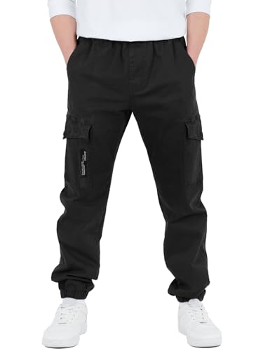 CAMLAKEE Cargohose Jungen Jogginghose Kinder Cargo Hosen Jungs Arbeitshose mit Elastischem Bund Schwarz DE: 170-176 (Herstellergröße 180)