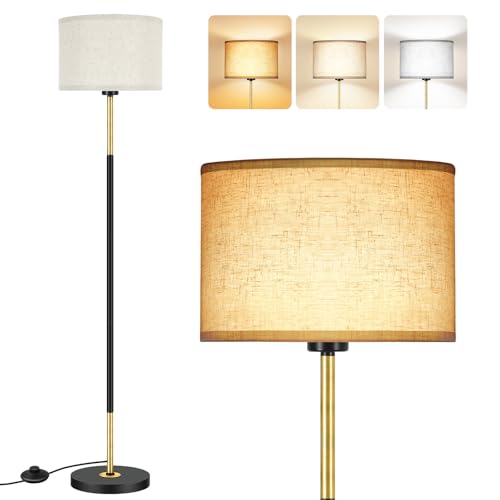 OUTON Stehlampe Wohnzimmer 3 Farbtemperaturen, LED Stehleuchte mit Fußschalter, Modern Vintage Design Leselampe mit Leinen Lampenschirm für Schlafzimmer, Büro (Schwarz Gold)