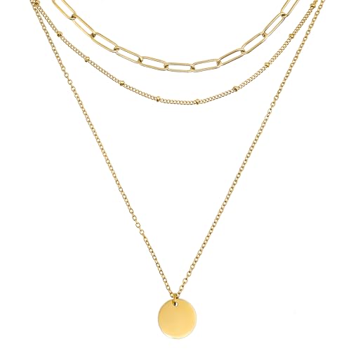 RUGGED steel - Damen Edelstahl Layer Halskette Coin-Charm Plättchen-Anhänger - 2-reihige Satellite-/ Gliederkette 40/50 cm (+5 cm) & Paperlink-Choker (separat) 45 cm - Gold - inkl Schmuck-Box