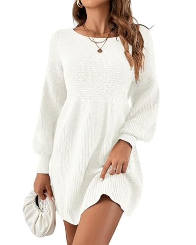Saodimallsu Damen Rundhals Strickkleid Puffärmel Hoch Tailliert Pulloverkleid Elegant Strickpullover Kleid A-Linie Minikleid Weiß Mittel