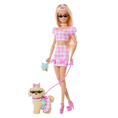 Barbie Twinning Looks Puppe mit Hündchen im Partnerlook mit rosa Gingham-Outfits und Accessoires wie Sonnenbrillen, Halsketten und Schleifen, blond, JFP36