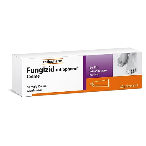 Fungizid-ratiopharm® Creme mit dem Wirkstoff Clotrimazol. Zur schonenden Behandlung verschiedener Pilzerkrankungen der Haut, wie z. B. Fußpilz. 20 g Creme