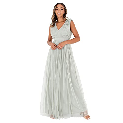 Maya Deluxe Damen Ärmelloses Abendkleid Mit Gerafftem V-ausschnitt & Hoher Taille - Hochzeitsgast Kleid Tüllkleid Bridesmaid Dress, Green Lily, 40 EU