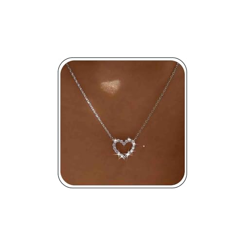 Boho Hochzeit Cz Tiny Heart Halskette Silber Kleine Strass Zierliche Herz Kette Anhänger Halskette Zart Einfach Niedlich Kristall Liebe Form Choker Hohl Glitzernd Dünne Zirkonia Minimalistisch Frauen