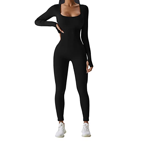 JN JANPRINT Damen Jumpsuit Sport Bodysuit Gerippte Lang Eng Yoga Bodycon Overall Stretch Langarm Strampler Sportanzug jumpsuits Trainingsanzug Einteiligem One-Piece(Schwarz,L)
