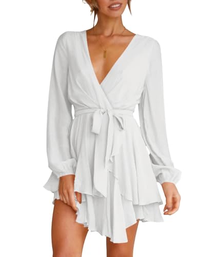 Wenrine Damen Kleider Sexy Tiefer V-Ausschnitt Freizeitkleid A Linie Rüschen Minikleid Langarm Wickelkleid mit Gürtel, Weiß, XXL