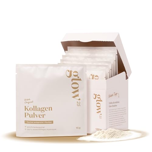 Glow25® Collagen Sachets [10 Stück] - Unser Original - Kollagen Hydrolysat - Peptide Typ 1 und 3 - Gute Löslichkeit - Neutral