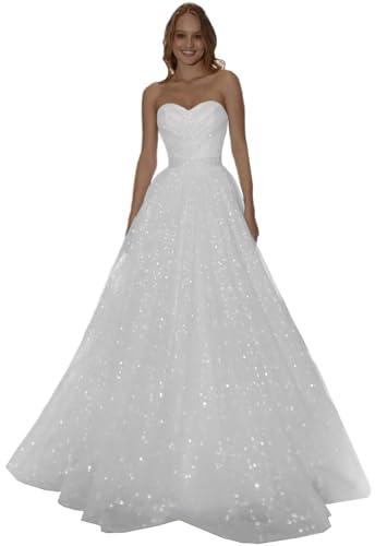 Frauen Sparkle Tüll Brautkleider für Braut Flowy A-Linie Hochzeitskleid mit Schleife Trägerlos Strand Brautkleid Weiß 03,DE38