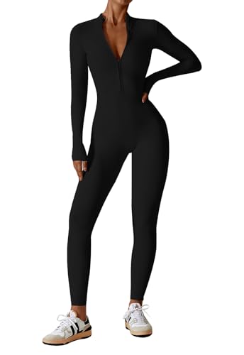 Ecupper Jumpsuits Damen Yoga Bodycon Einteiler Zip Up Overall Rompers Langärmelig Workout Outfit Schwarz XL