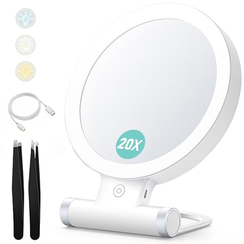 Schminkspiegel mit Beleuchtung, 20X/1X Doppelseitige Tischspiegel,3 Farblichter, Dimmbarer Faltbar Schminkspiegel,Reisen Kosmetik Spiegel mit Beleuchtung,Wird mit Zwei Pinzetten Geliefert