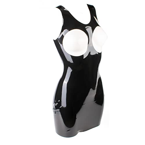 Rubberfashion Latex Mini Kleid - Latexkleid kurz - Arm frei mit Trägern brustfrei - sexy Frauen Kleider für Damen schwarz 0.4mm L